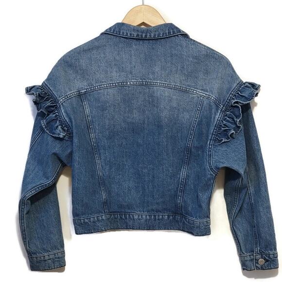 Mavi Jeans Co. Crop Ruffle Shoulder Medium Wash Denim Jacket Size XS - Picture 5 of 8